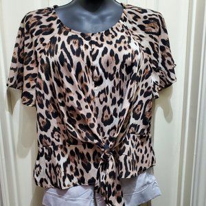 JUNE & HUDSON Leopard Print Silky Butterfly Sleeve Blouse, Small